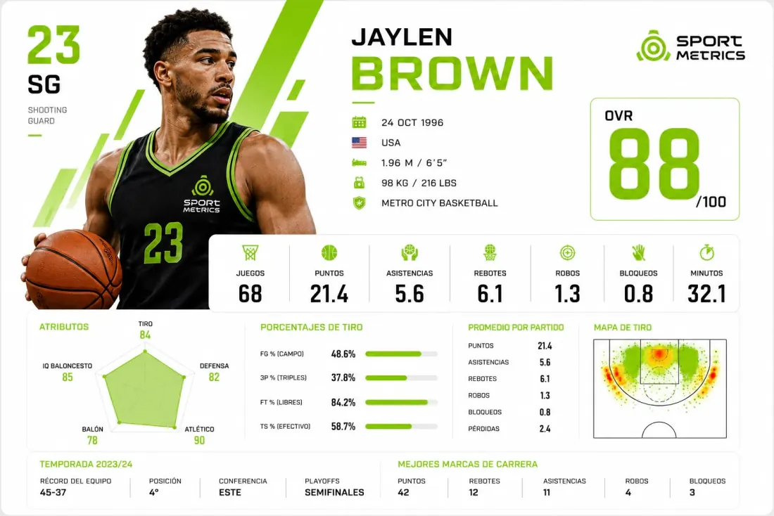 Ficha de jugador de basquetbol con porcentajes de tiro y mapa de tiro